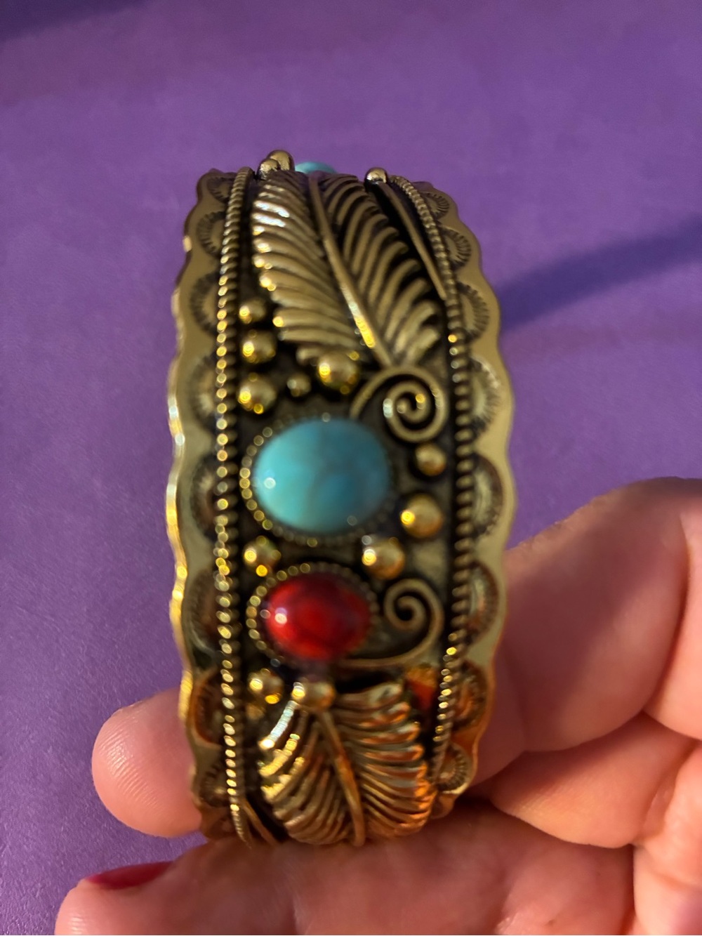 Gold-Tone Cuff Bracelet with Turquoise and Red Stone Accents